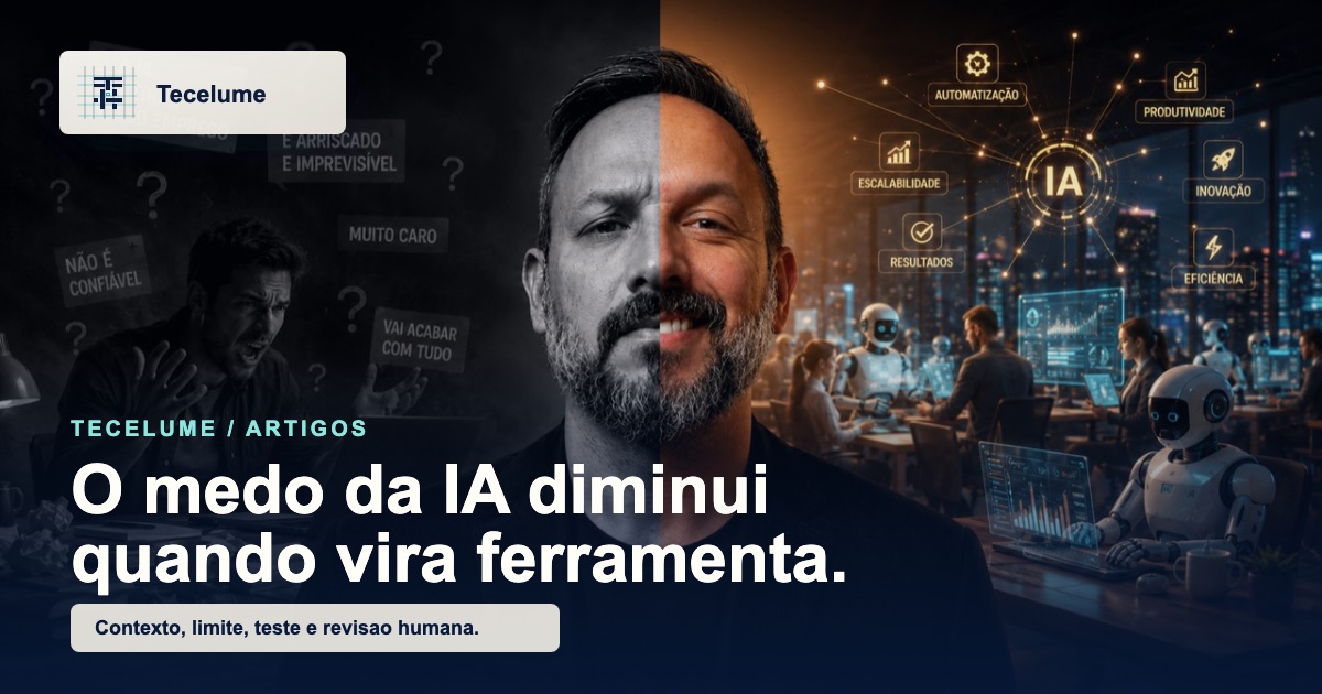 Arte editorial com uma imagem dividida entre medo da IA e uso produtivo de IA como ferramenta